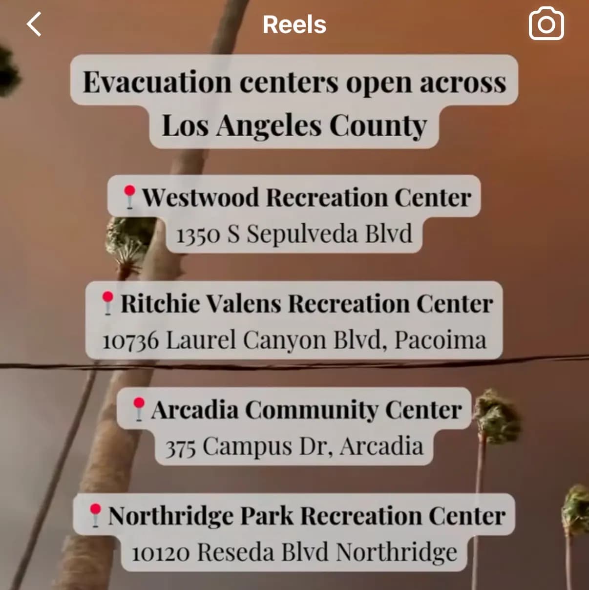 Secret Los Angeles on Instagram: "[🔗 IN BIO] Over 180,000 people in L.A. County have been evacuated due to the wildfires happening this week. This is a list of current emergency shelters open. If you know of any other helpful resources, let the community know in the comments below. 

👉 Review our full guide for info on evacuation centers, animal shelters, and resources for those affected— at the link in our bio. #mysecretla #localnews 
📹: @terrestrial.paradise"